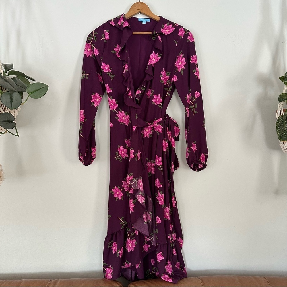 Draper James Plum Wrap Midi Dress with Pink Floral Print